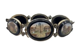 19th century Grand Tour micro mosaic bracelet composed of six oval panels depicting Roman Architectu