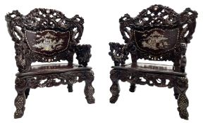 Pair early 20th century Chinese hardwood armchairs