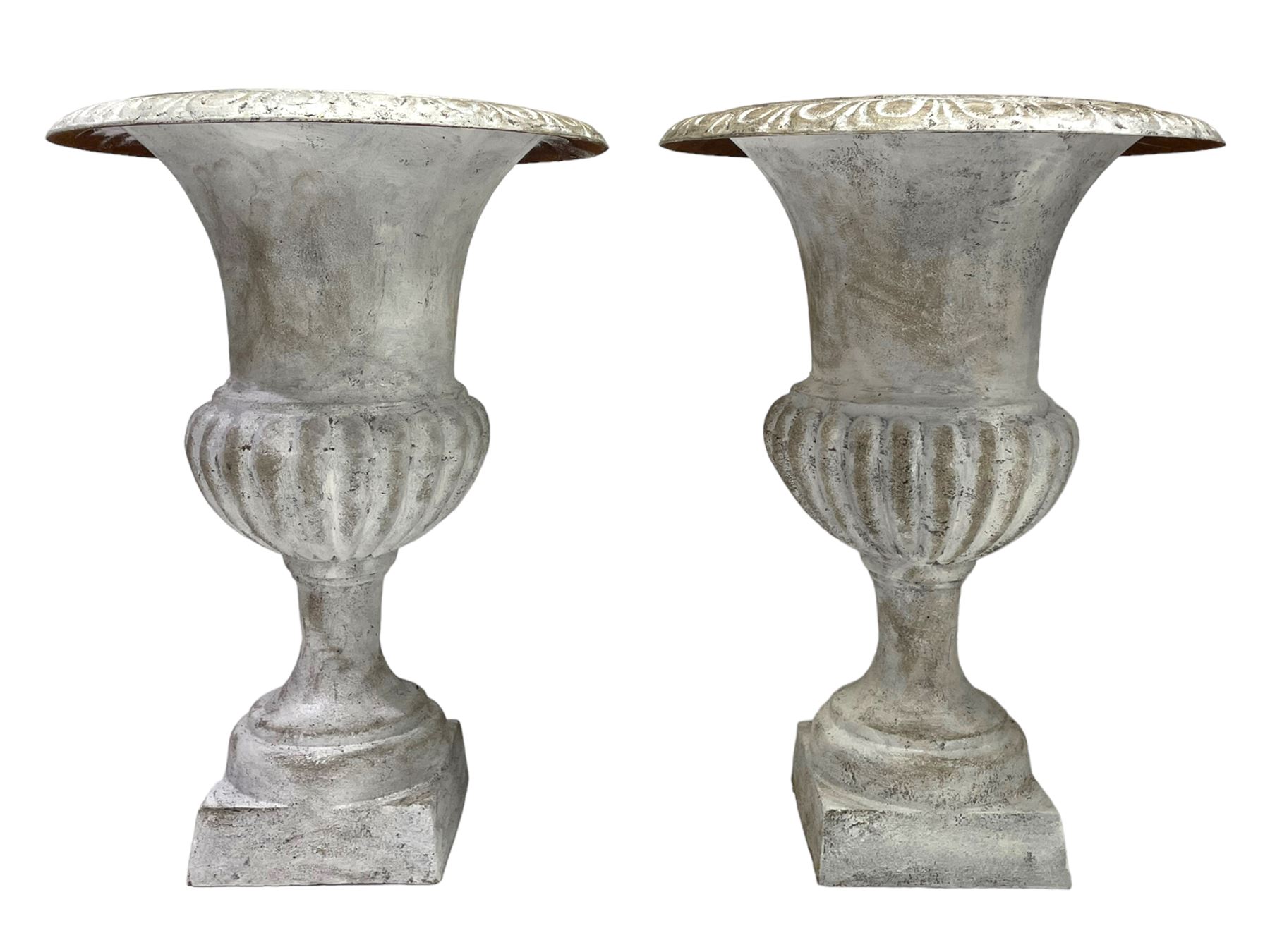 Pair of cast iron Campana shaped urns