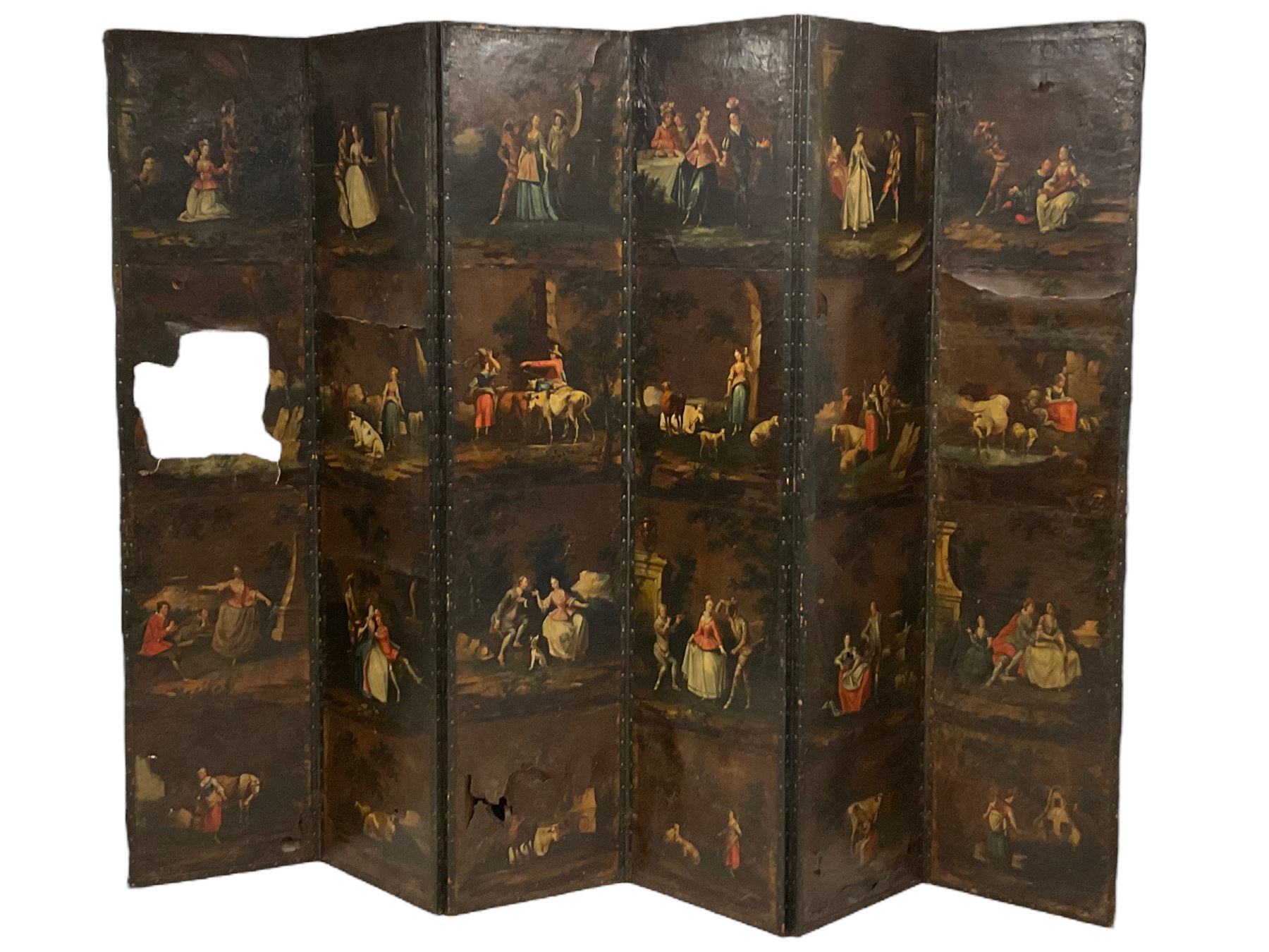 Late 18th century Dutch painted leather six panel screen - Image 2 of 16