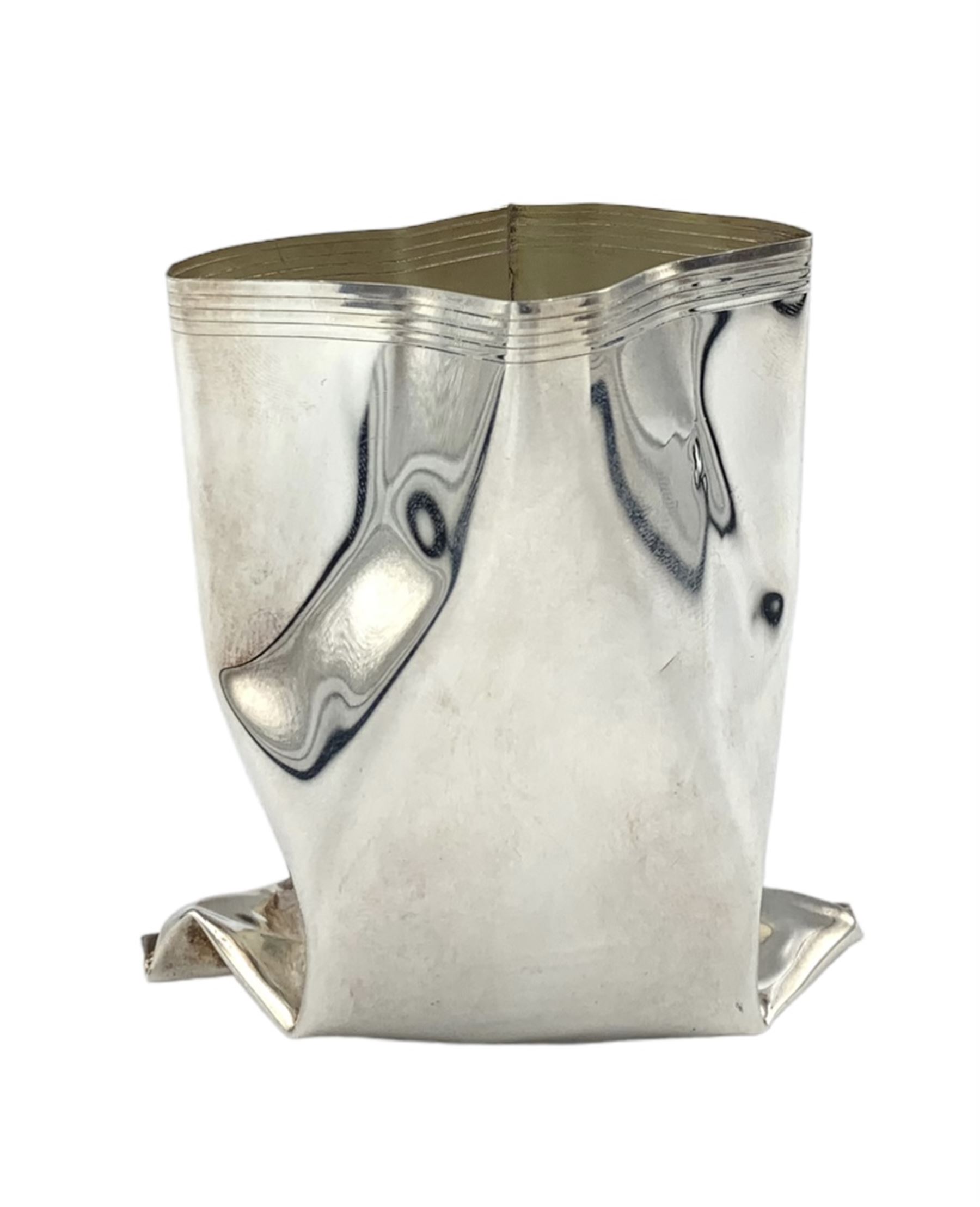 Novelty silver vase by Rebecca Joselyn modelled as a crumpled bag H8cm