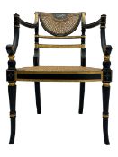 Regency design ebonised and parcel gilt finish elbow chair