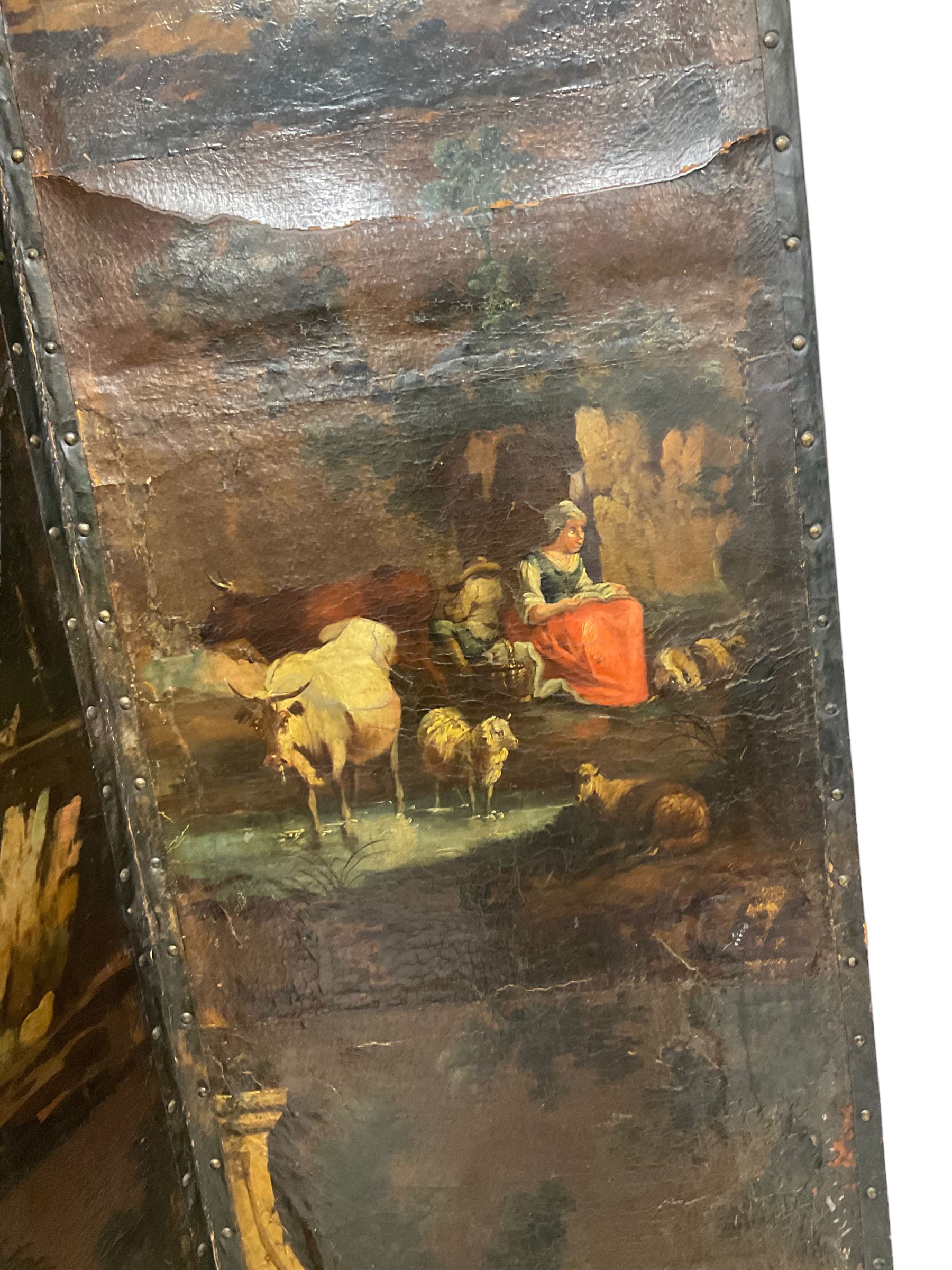 Late 18th century Dutch painted leather six panel screen - Image 13 of 16