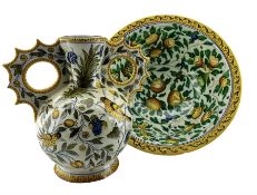 Italian Cantagalli Majolica two-handled vase and bowl