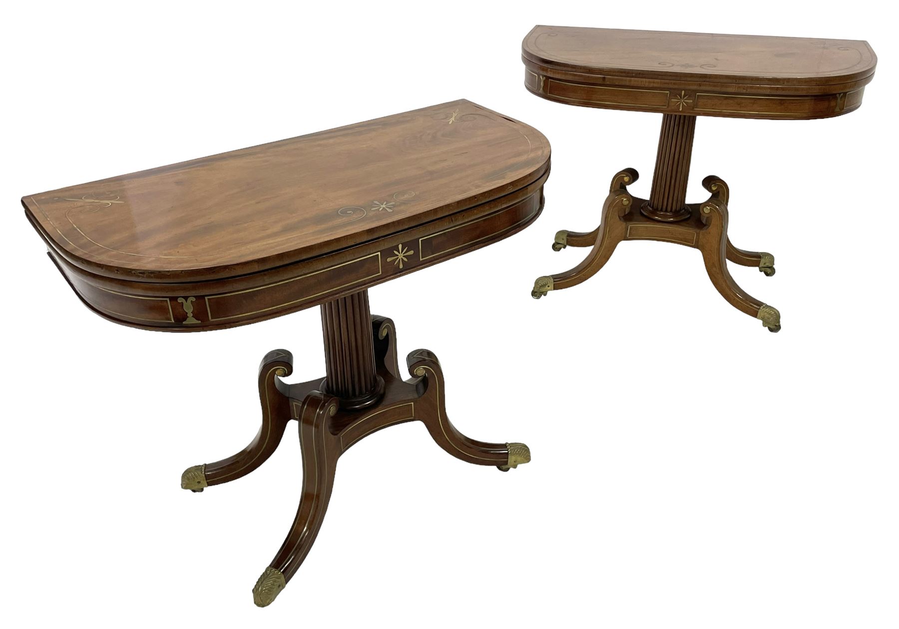 Pair Regency mahogany and brass inlaid card tables
