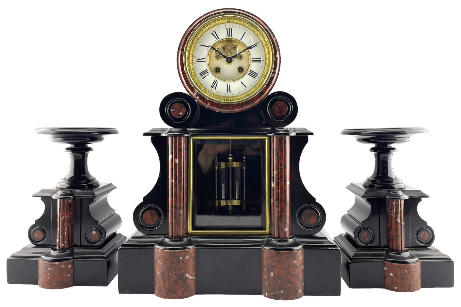 Mougin of Paris - late 19th century 8-day Belgium slate mantle clock with a pair of conforming tazas