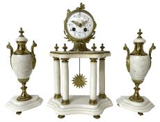 French white marble and gilt-metal striking portico mantel clock and garniture