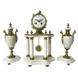 French white marble and gilt-metal striking portico mantel clock and garniture