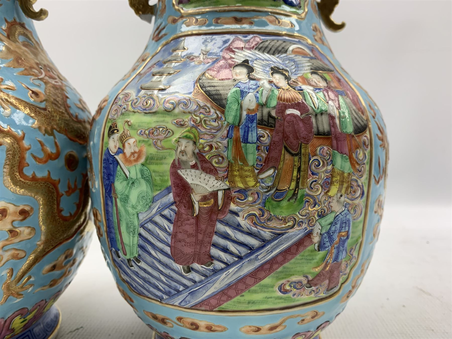 Pair of Chinese Canton Famille Rose twin handled vases - Image 3 of 12