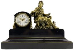 Late 19th century 8-day French mantle clock - in a Belgium slate drumhead case on a stepped plinth w