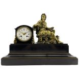 Late 19th century 8-day French mantle clock - in a Belgium slate drumhead case on a stepped plinth w