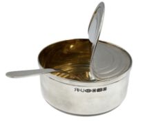 Novelty silver sugar bowl and spoon by Rebecca Joselyn modelled as an open tuna can with peeled back