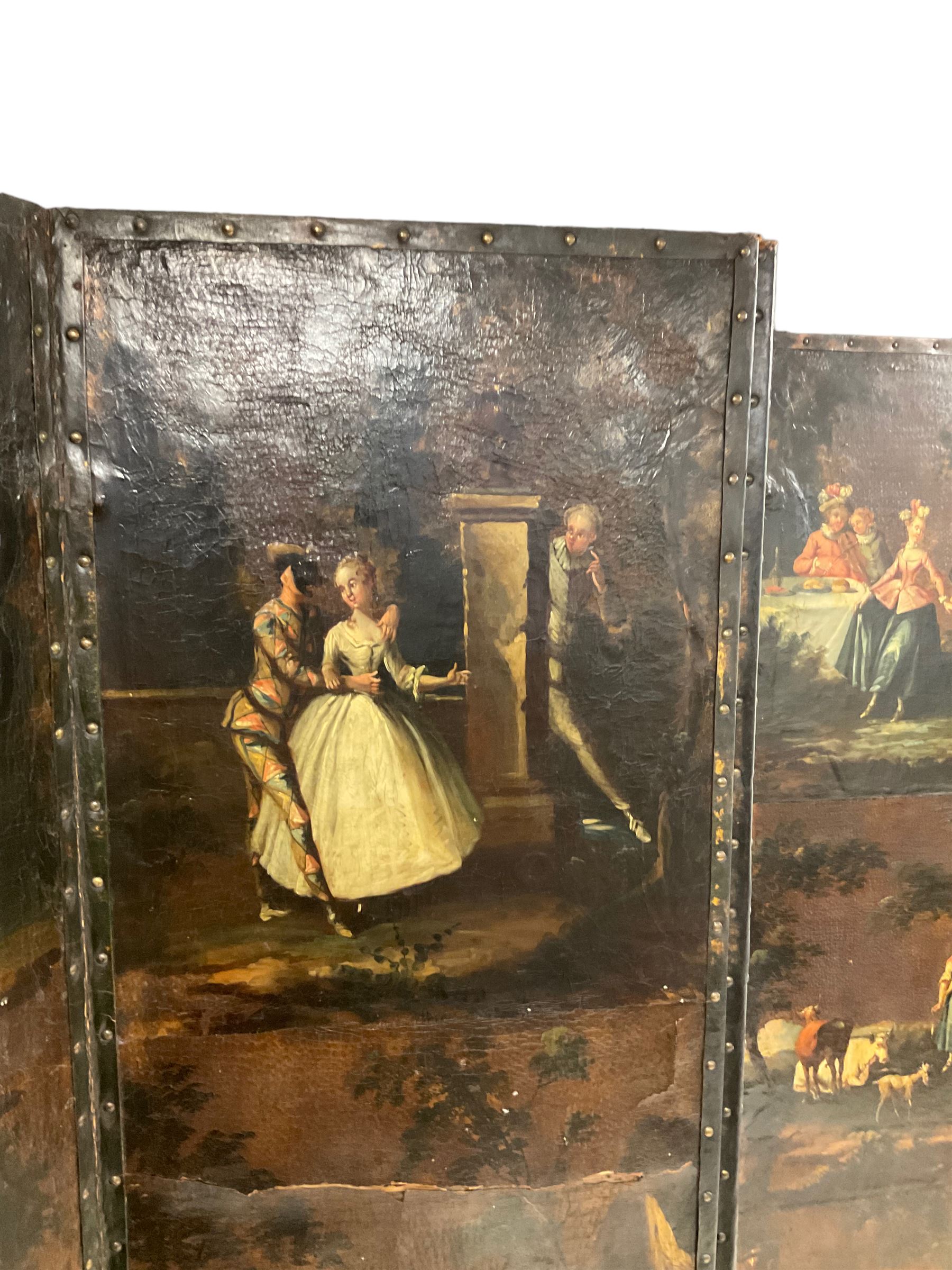 Late 18th century Dutch painted leather six panel screen - Image 6 of 16