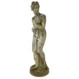 Weathered composite stone garden statue in the form of a classically draped female modelled as Venus