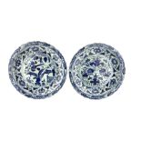 Pair of large Chinese blue and white circular shallow chargers