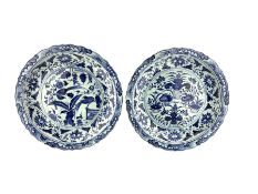 Pair of large Chinese blue and white circular shallow chargers