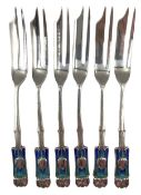 Set of six Art Nouveau silver and enamel pastry forks designed by Archibald Knox for Liberty & Co.