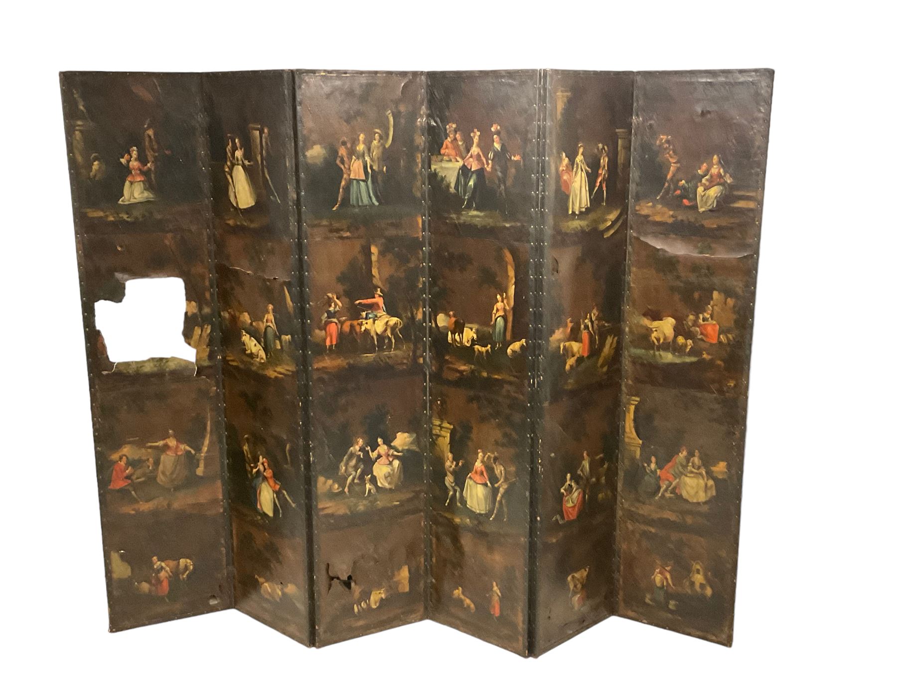 Late 18th century Dutch painted leather six panel screen - Image 3 of 16