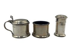 Silver three piece circular condiment set with blue glass liners Birmingham 1929 Maker Docker & Burn