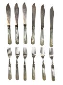 Set of six Edwardian fish knives and forks with engraved silver blades and mother of pearl handles S