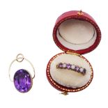 Gold seven stone amethyst and opal ring and a gold amethyst pendant