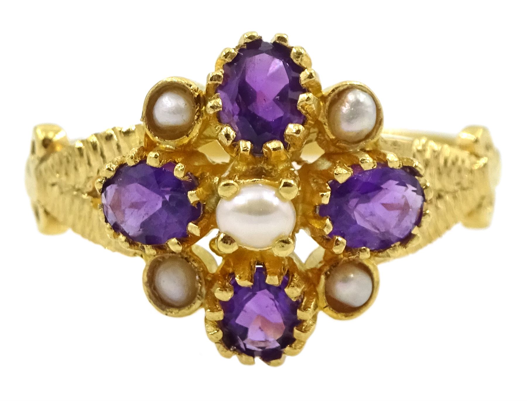 Silver-gilt amethyst and pearl flower cluster ring