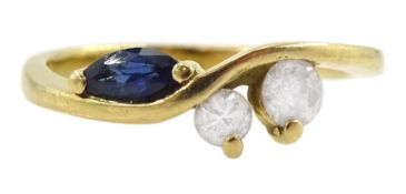 18ct gold three stone marquise cut sapphire and round brilliant cut diamond ring