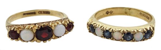 Gold seven stone opal and sapphire ring and a gold five stone opal and garnet ring