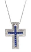 18ct white gold princess cut sapphire and round brilliant cut diamond cross pendant