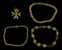 Gold Maltese cross pendant and bracelet and two rope twist bracelets