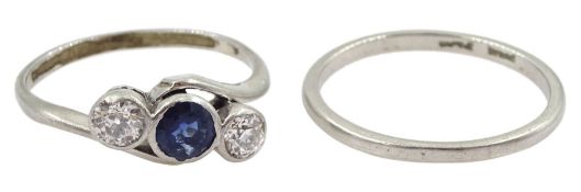 Platinum three stone old cut diamond and sapphire ring