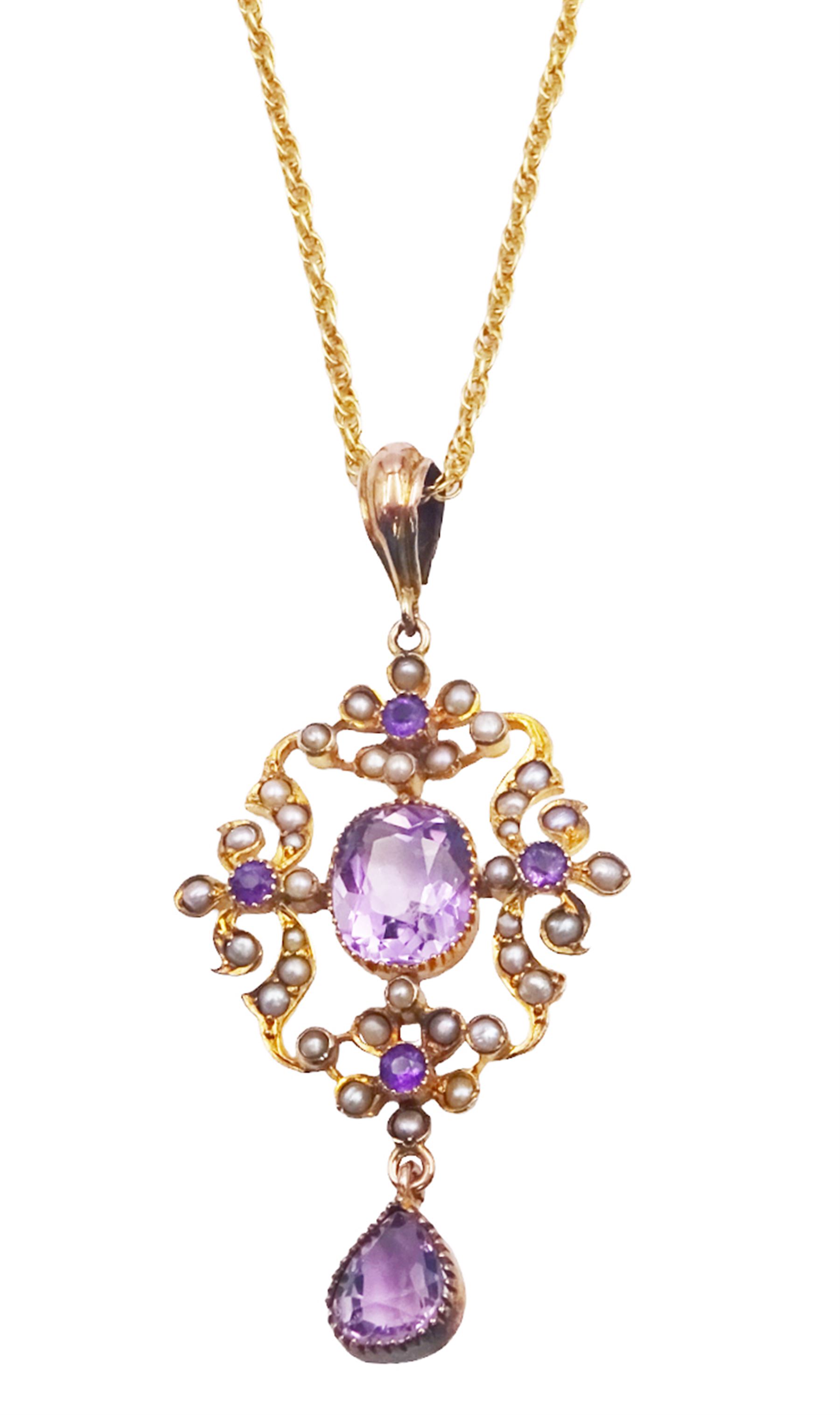 Edwardian 9ct gold amethyst and split pearl pendant