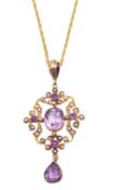 Edwardian 9ct gold amethyst and split pearl pendant