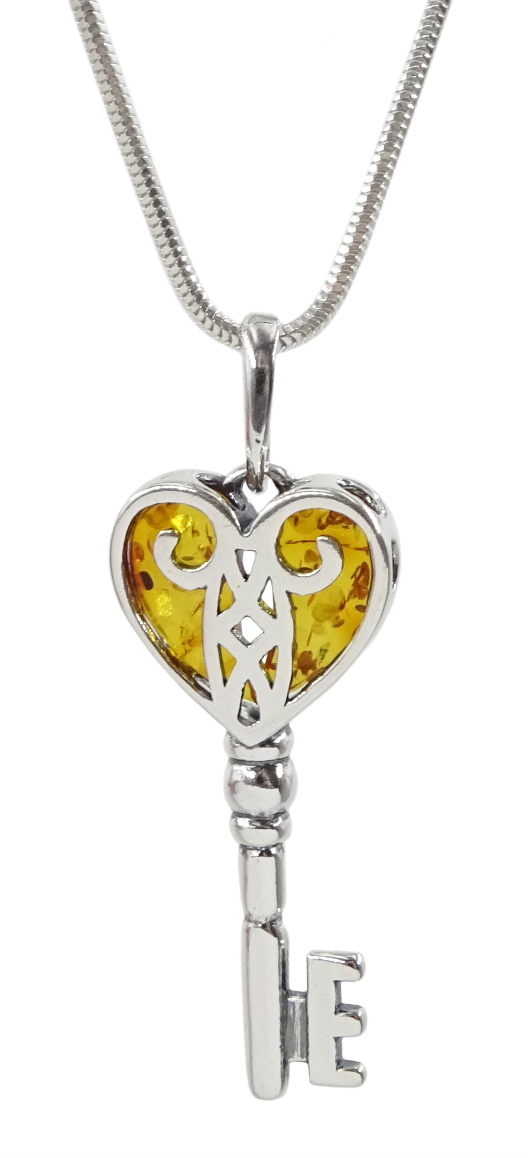 Silver Baltic amber heart key pendant necklace