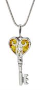 Silver Baltic amber heart key pendant necklace