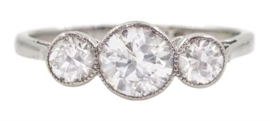 Art Deco platinum milgrain set three stone diamond ring