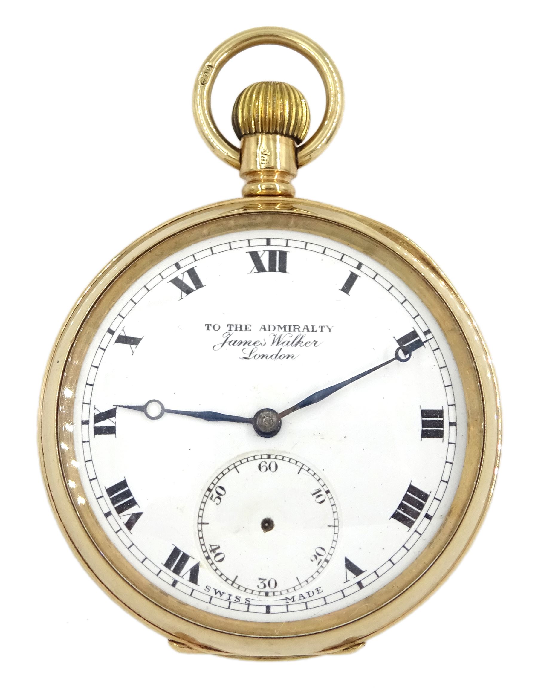 Early 20th century 9ct gold open face keyless lever pocket watch by James Walker 'To the Admiralty'