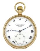 Early 20th century 9ct gold open face keyless lever pocket watch by James Walker 'To the Admiralty'