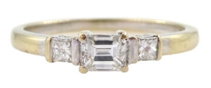 18ct gold three stone emerald and princess cut diamond ring