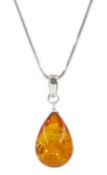 Silver pear shaped Baltic amber pendant necklace