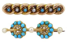 Early 20th century 15ct gold turquoise and pearl cluster brooch and a 9ct gold turquoise and split p