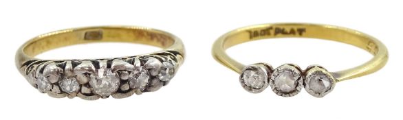 Gold five stone diamond ring and one other three stone rose cut diamond ring