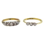 Gold five stone diamond ring and one other three stone rose cut diamond ring