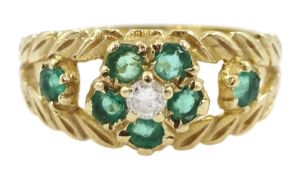 9ct gold emerald and diamond flower head cluster ring