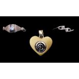 Two 14ct white gold stone set rings and a 14ct yellow and white gold heart pendant