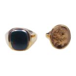 9ct rose gold moss agate signet ring and a later 9ct bloodstone signet ring