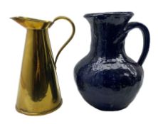 Large earthenware jug with blue glaze together with brass jug max H25cm
