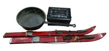 Vintage children's skis together with copper pan and ebonised box inlaid with mother of pearl