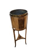 Edwardian mahogany and boxwood strung cylindrical planter with liner