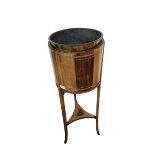 Edwardian mahogany and boxwood strung cylindrical planter with liner